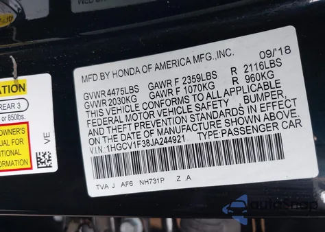 2018 Honda Accord Sport from USA, damaged, VIN 1HGCV1F38JA244921